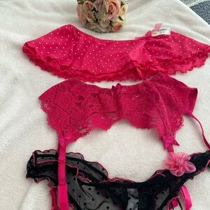 delicates Hot Pink Lace Garter Set with Black Sheer Accents